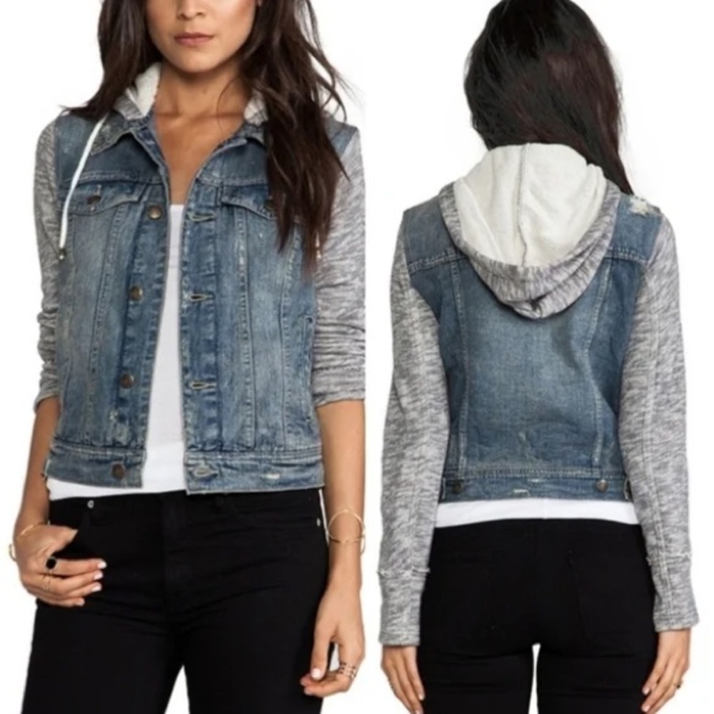 Free People Denim Hoodie Jacket Gray Knit Sleeves Boho Layered XS Slimfit Gypsy - Picture 1 of 10